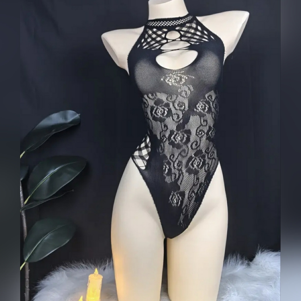 Black Lace Halter Bodysuit